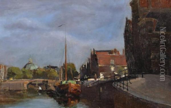 Barges On A Canal In Amsterdam Oil Painting - Jan Hillebrand Wijsmuller