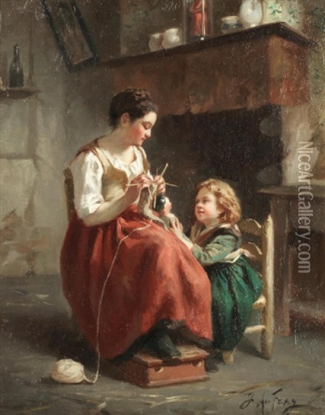 Knitting Lessons, The Young Postman; A Pair Oil Painting - Joseph Athanase Aufray