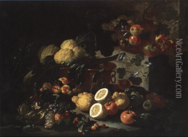 Nature Morte Aux Choux-fleurs Et Fruits Dans Une Coupe En Cristal Oil Painting - Giovanni Paolo Castelli (lo Spadino)