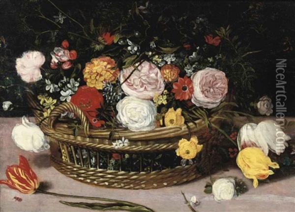 A Basket With Peonies, Lilies, Daffodils And Various Other Flowers Oil Painting - Jan Brueghel the Elder
