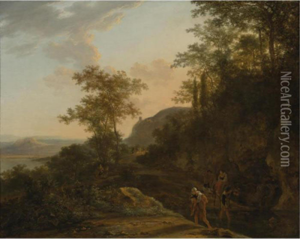 Italianate Landscape With A Mountain Path And Ford Oil Painting - Jan Both
