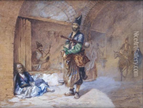 Marchands Et Musiciens Dans La Vieille Ville Arabe Oil Painting - Eugene Napoleon Flandin