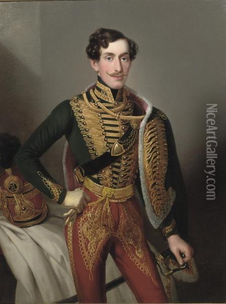 Portrait Of A Lieutenant Of The K.u.k. Husarenregiment Of Ferdinand Herzog Von Sachsen-coburg-gotha Oil Painting - Johann Frankenberger