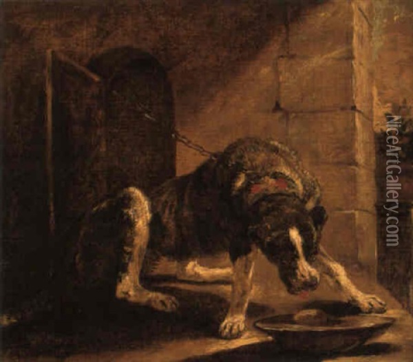 A Chained Hound Eating From A Bowl Oil Painting - Jan Fyt