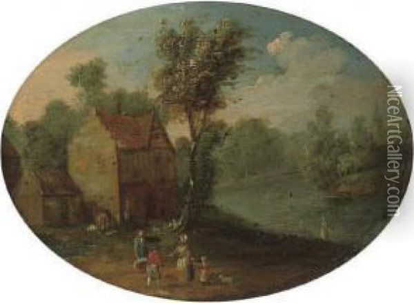 A Wooded River Landscape With Figures By A House Oil Painting - Mattijs Schoevaerdts