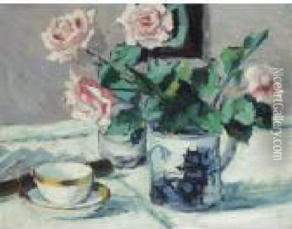 Pink Roses In An Oriental Pot Oil Painting - Francis Campbell Boileau Cadell