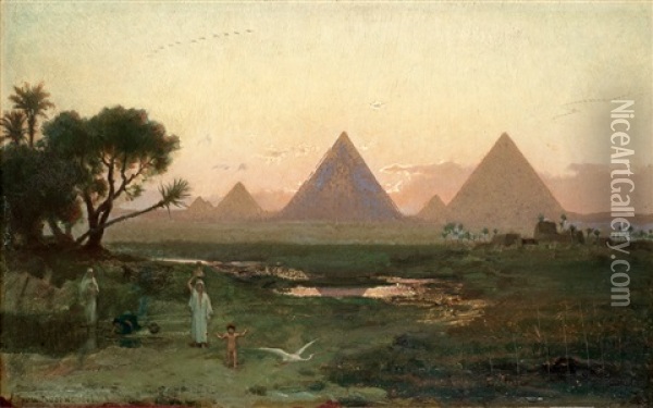 Pyramiderna Vid Giza Fran Nilens Strand Oil Painting - Georg Von Rosen