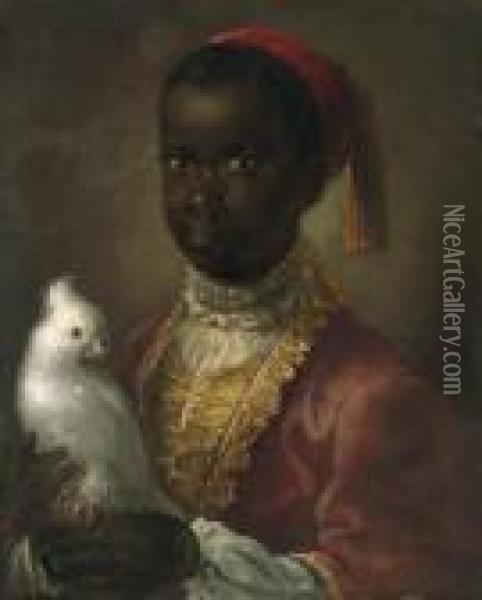 Portrait Of A Blackamoor, Half-length, In A Gold-lined Coat,holding A Cockatoo Oil Painting - Jean-Alexis Grimou