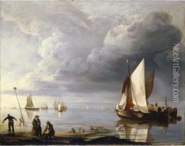Small Dutch Vessels In A Calm, Men Collecting Mussels On The Shore Oil Painting - Hendrick Dubbels