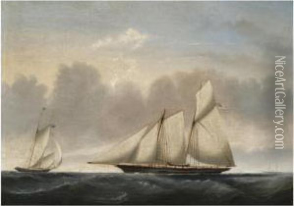 A Naval Schooner In Two Positions Oil Painting - Reuben Chappell Of Poole