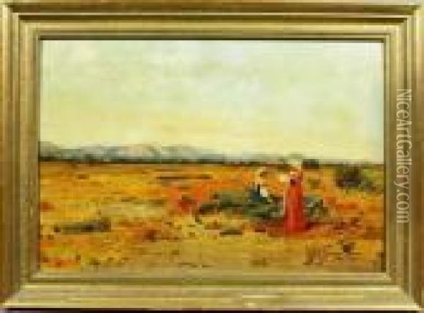 Two Women In An Italian Landscape Oil Painting - Pietro Barucci