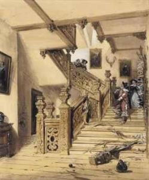 A Duel On The Staircase Of Aston
 Hall, Warwickshire, A Scene Fromits Siege During The Civil War Oil Painting - Joseph Nash
