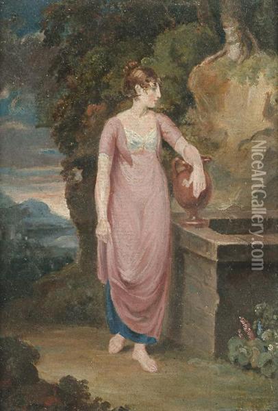 A Lady Standing Beside A Well In A Classical Landscape Oil Painting - Joshua Cristall