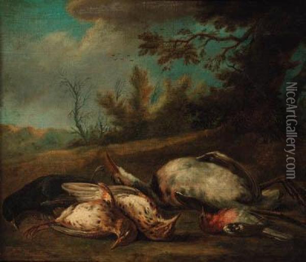 A Dead Blackbird, A Chaffinch, Thrushes And A Heron In Alandscape Oil Painting - Jacobes Vonck