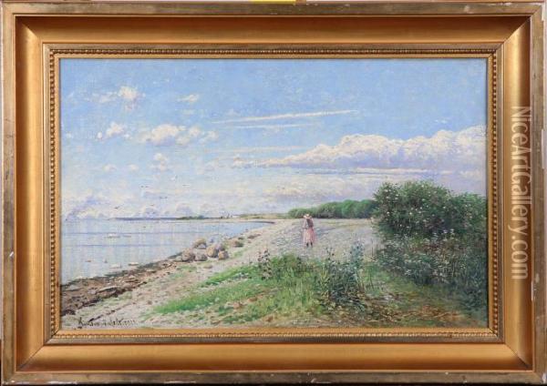 Strand Med Flicka, Signerad H J Trafvenfelt 1903 Oil Painting - Hjalmar Trafvenfeldt
