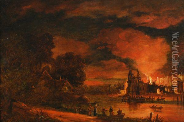 Figures Fleeing From A Burning Village Oil Painting - Aert van der Neer