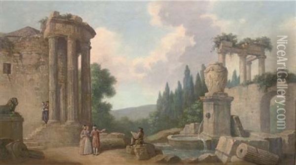 A Capriccio Of Classical Ruins With Elegant Figures (+ A Capriccio Of Classical Ruins With Elegant Figures By A Fountain; Pair) Oil Painting - Pierre Antoine Demachy
