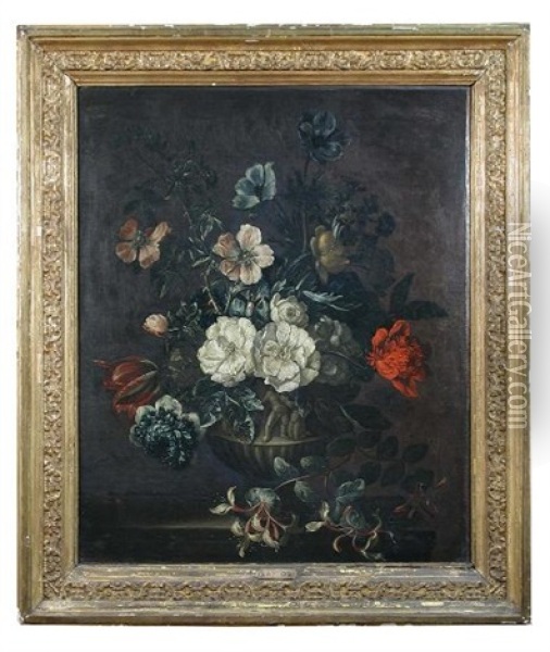 Still Life Of Honeysuckle, Chrysanthemums, A Tulip And Other Flowers In A Stone Vase On A Marble Ledge Oil Painting - Jean-Baptiste Monnoyer