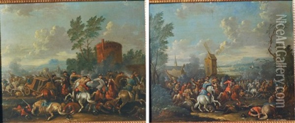 Escarmouche D'un Cavalier Devant Un Moulin (+ L'attaque D'un Convoi; 2 Works) Oil Painting - Jan-Peter van Bredael the Younger