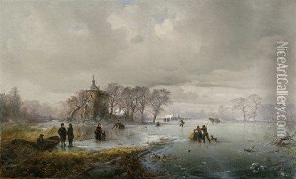 Hollandische Winterlandschaft Mit Schlittschuhlaufern Auf Einem Zugefrorenen Flus Oil Painting - Carl Hilgers