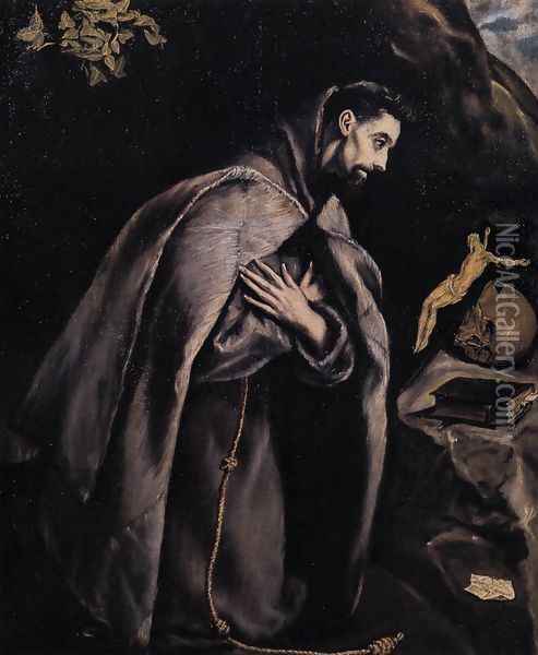 St Francis in Prayer before the Crucifix 1585-90 Oil Painting - El Greco (Domenikos Theotokopoulos)