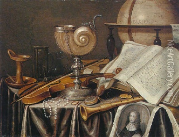 A Vanitas Still Life On A Nautilius Cup, A Book, A Globe And Others Objects All On A Table Draped With A Grey Cloth Oil Painting - Edward Collier