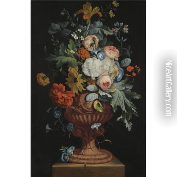 A Still Life Of Roses, Carnations, Daisies, And Irises In A Sculpted Urn Over A Stone Ledge Oil Painting - Justus van Huysum the Elder