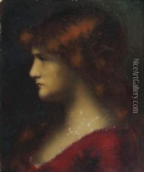 Jeune Femme Rousse De Profil En Robe Rouge Oil Painting - Jean-Jacques Henner