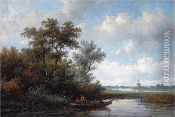 Fishermen In A Polder Landscape Oil Painting - Anthonie Jacobus Van Wyngaerts