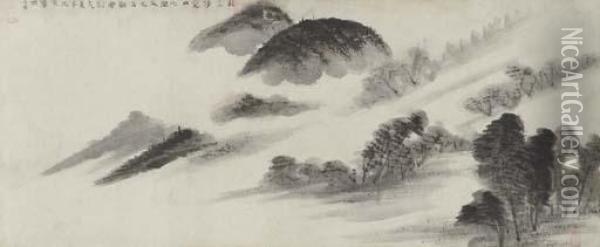 Sanchu Ketsuro Zu (mountains In The Mist) Oil Painting - Uragami Gyokudo