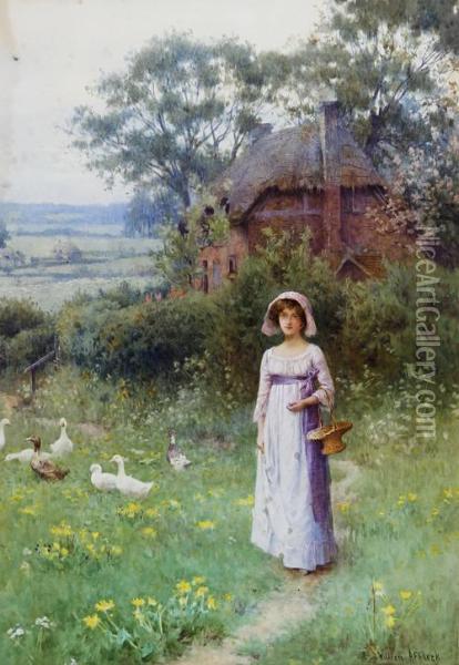 Girl And Geese In A Garden Before A Thatched Cottage Oil Painting - William Affleck