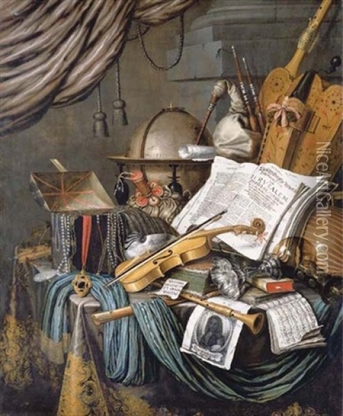 A Vanitas Still Life Of A Globe, A Casket Of Jewels And Medallions, Books, A Hurdy-gurdy, A Bagpipe, A Lute, A Violin, A Silver Tazza, A Roemer, A Nautilus Shell, A Recorder, A Shawn, A Print With A S Oil Painting - Edward Collier