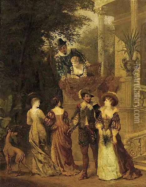 Elegant company conversing by a balcony Oil Painting - French School