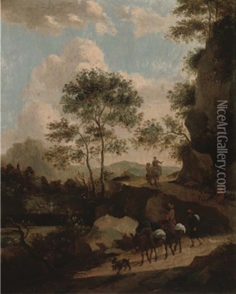 A Rocky Landscape With Travellers On A Path Oil Painting - Jan Dirksz. Both