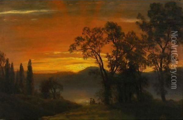 Sunset Over The River 2 Oil Painting - Albert Bierstadt