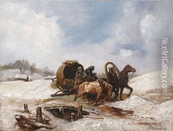 Troika In Winterlicher Landschaft Oil Painting - Pavel Osipovich Kovalevsky