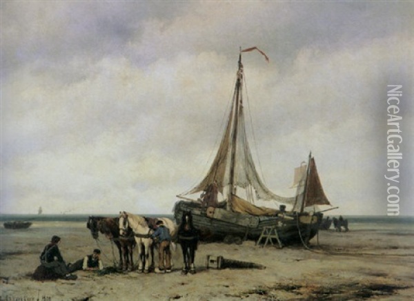 Fishermen By A Beached Bomschuit Oil Painting - Barend Cornelis Koekkoek