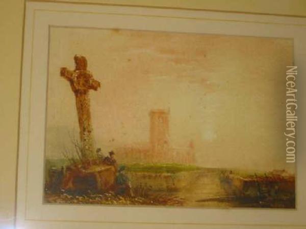 Figures By A Stone Crucifix, Church Beyond Oil Painting - Henry Barlow Carter