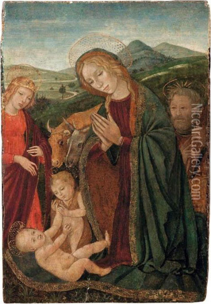 Madonna, San Giovannino, San Giuseppe E Angelo In Adorazione Del Bambin Gesu Oil Painting - Jacopo Del Sellaio