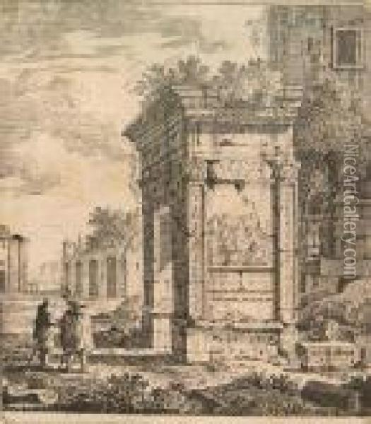 Untitled (two Men Standing By Roman Ruin) Oil Painting - Wenceslaus Hollar
