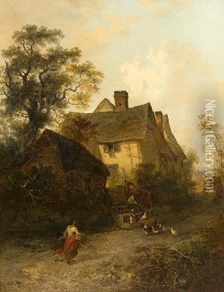 Figures And Chickens Before A Cottage Oil Painting - Edward Robert Smythe