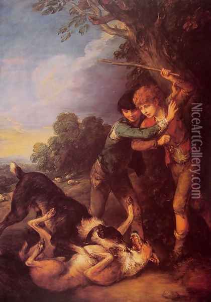 Shepherd Boys with Dogs Fighting Oil Painting - Thomas Gainsborough