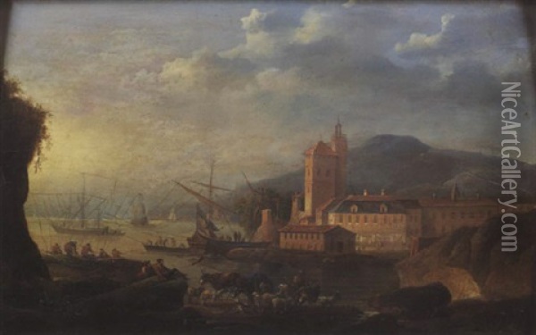 Vue D'un Port Francais Avec Le Dechargement D'un Navire Hollandais Oil Painting - Louis Nicolas van Blarenberghe