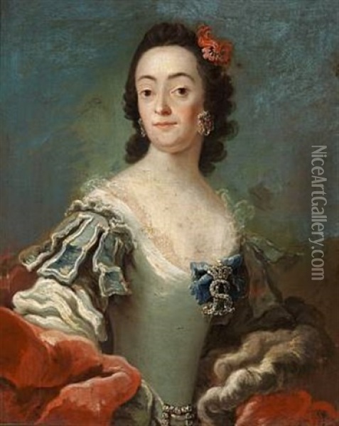 Portrait Of Regitze Sophie Nee Guldencrone In An Evening Gown (+ Portrait Of Holger Skeel, Prefect, In A Red Jacket With The Ribbon Of The Order Of Dannebrog; Pair) Oil Painting - Peder Als