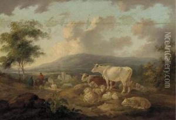 Figures On A Track Returning To A Village, Cattle And Sheep In The Foreground Oil Painting - Peter La Cave