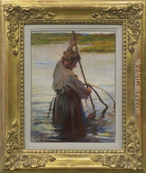 Fisherman With Net Oil Painting - Leon Wyczolkowski