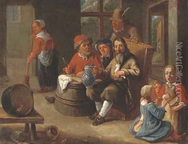 Peasants smoking and drinking with children making music and an old woman in an interior Oil Painting - Adriaen Rombouts