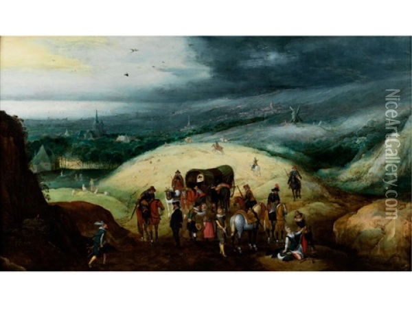 Grosse Landschaft Mit Darstellung Eines Rauberischen Uberfalls Auf Eine Reisegruppe Oil Painting - Joos de Momper the Younger