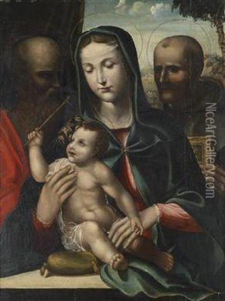 Madonna With Child And Sts. Paul And Bernhard Of Siena Oil Painting - Bartolomeo Neroni