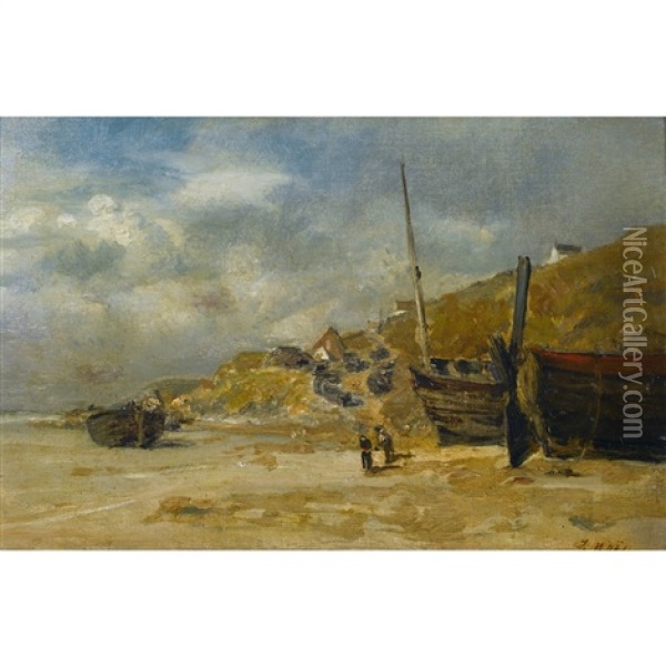 Strandpartie Mit Fischerbooten Oil Painting - Jules Achille Noel
